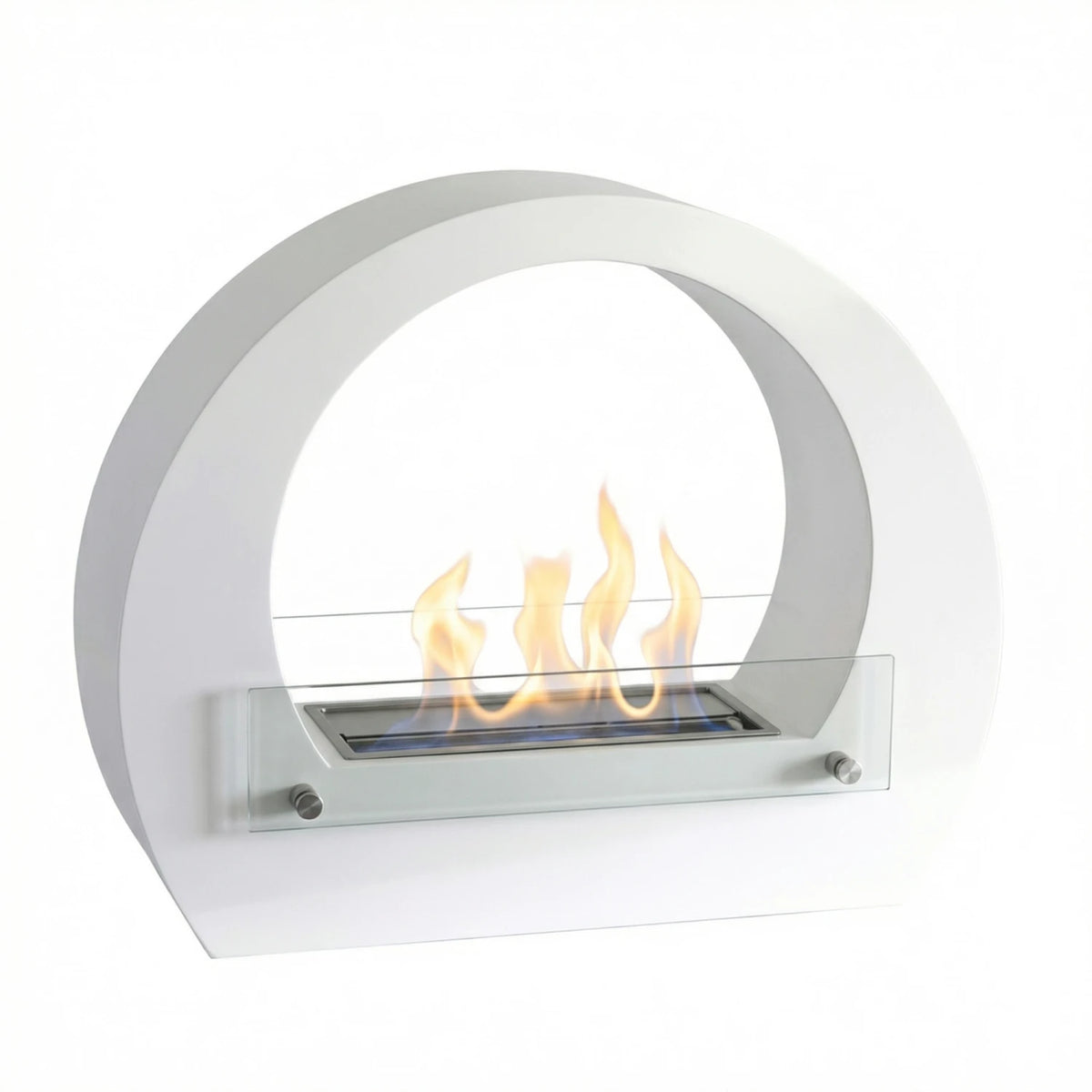 Dallas White freestanding bio fireplace with arch design and lit realistic flame, angled studio shot on white background