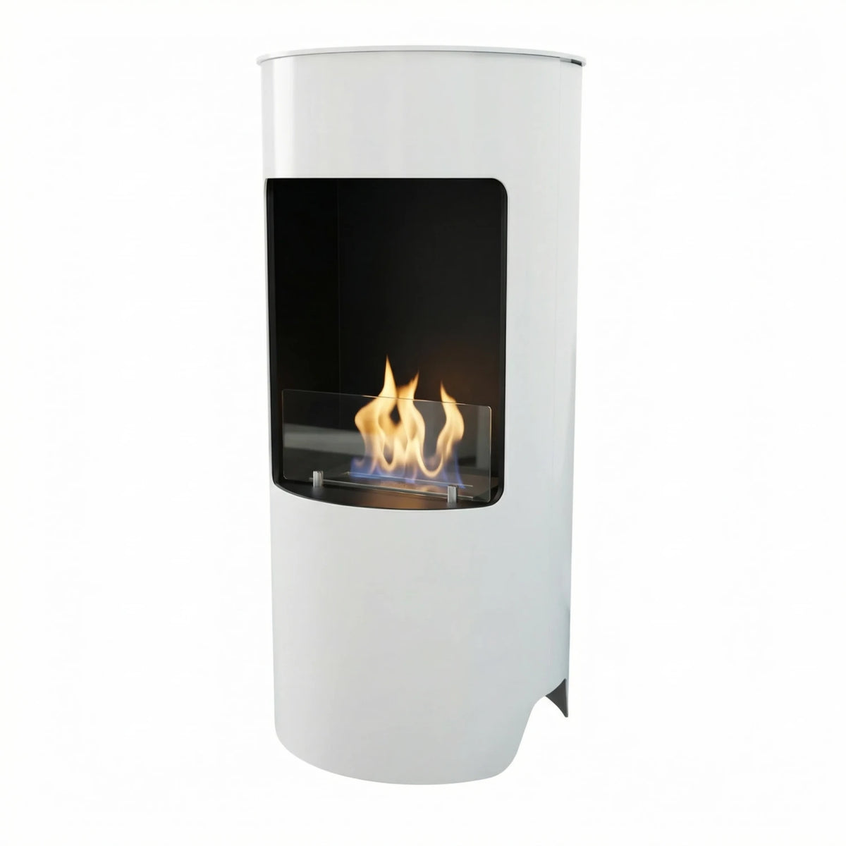 Montgomery white round bioethanol fireplace, lit, studio shot