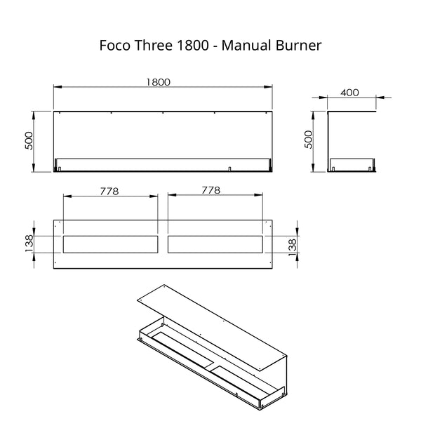 Foco Three 1800 - Biocamino da incasso a 3 lati