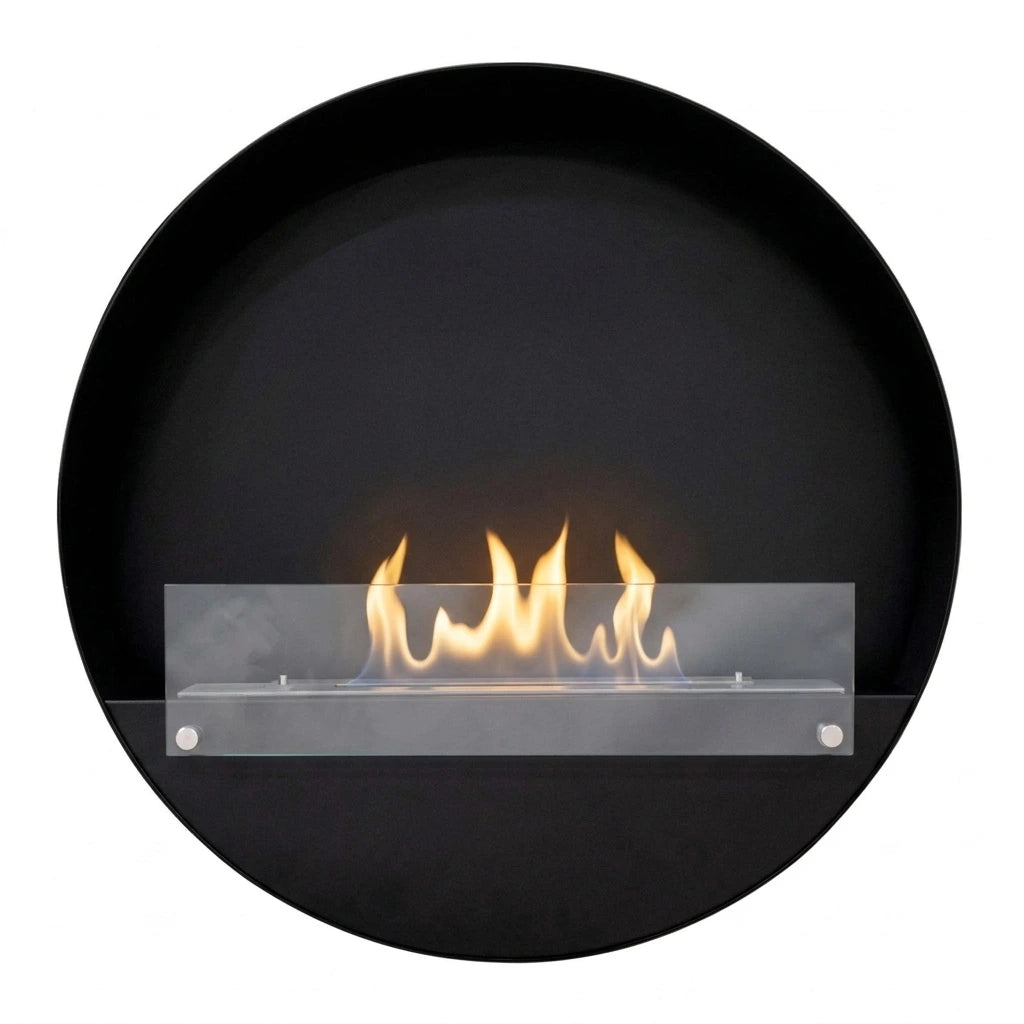Delaware XL black round bio fireplace, front view on white background, lit with a realistic flame