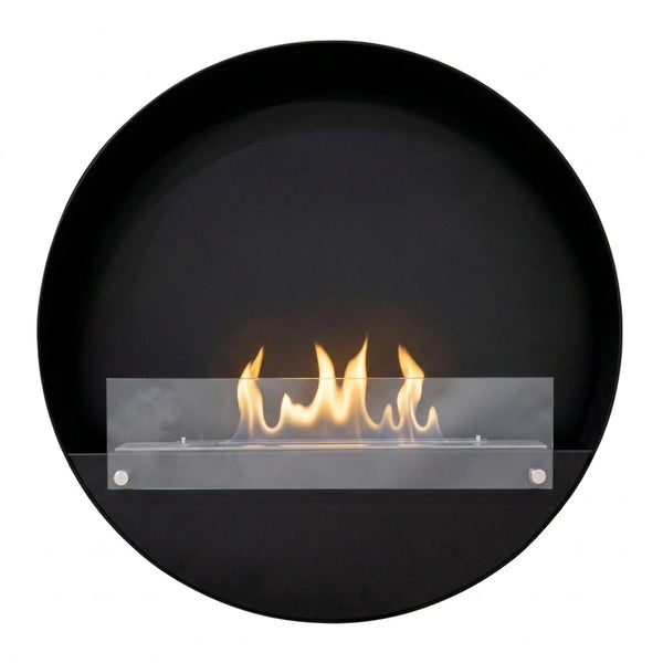 Delaware XL black round bio fireplace, front view on white background, lit with a realistic flame