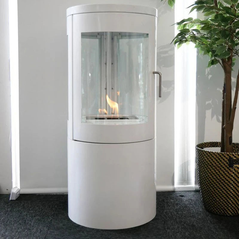 Stufa a bioetanolo Wood bianca con vista fiamma a 360°