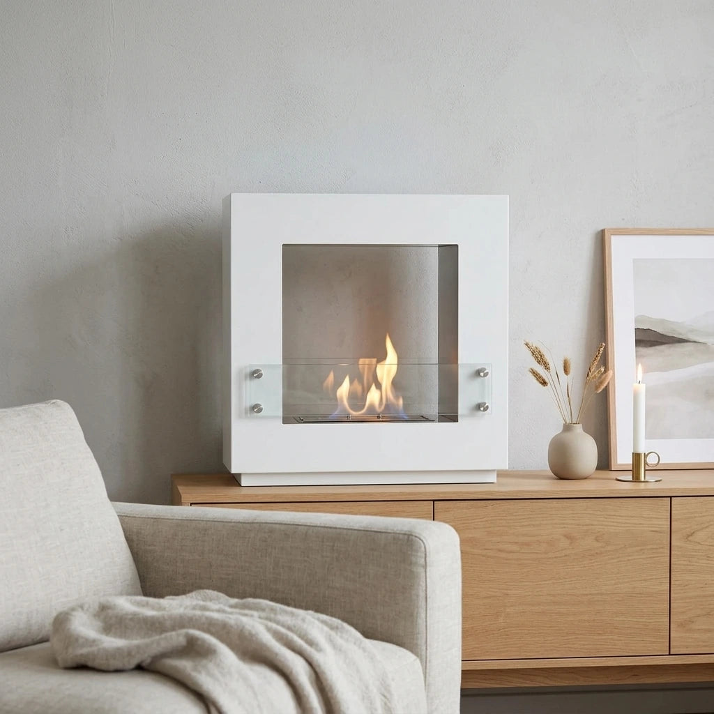 Hollywood White 2-sided free-standing bioethanol fireplace in a bright Scandinavian living room, lit flame
