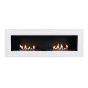 Murus 1600 glossy white bio fireplace, front view on white background, lit with a realistic flame