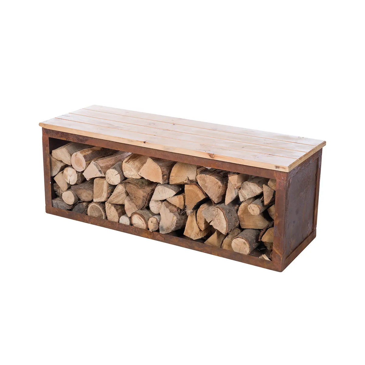 Panca contenitore in legno e acciaio corten