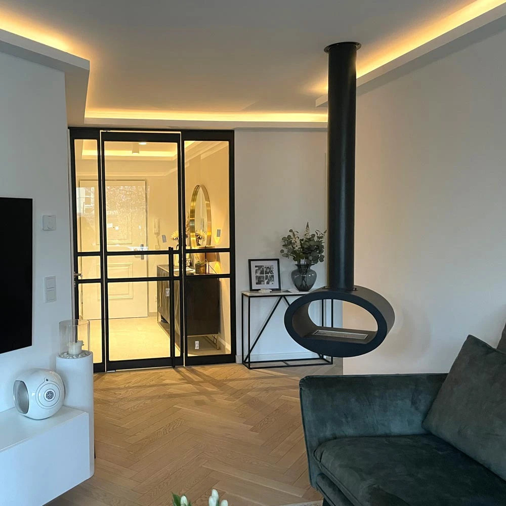 Toronto Nero - biocamino da soffitto con vista su 2 lati
