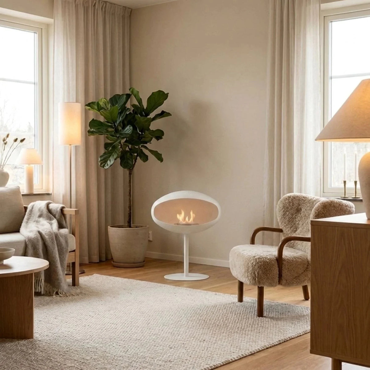 White Cocoon Pedestal bioethanol fireplace in a calm living room with a fiddle-leaf fig, a sheepskin armchair and a wool rug
