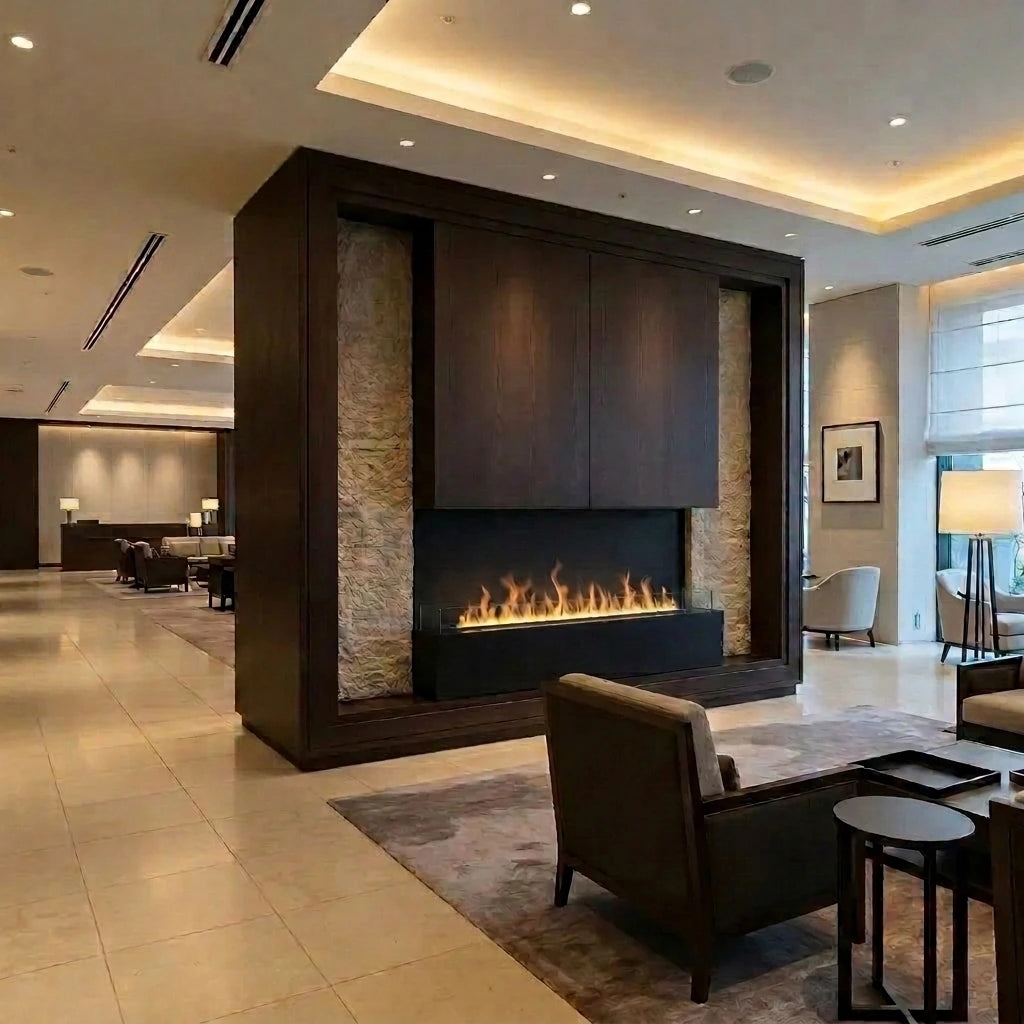 Foco Myst Three 1500 three-sided water vapour fireplace in a modern living space
