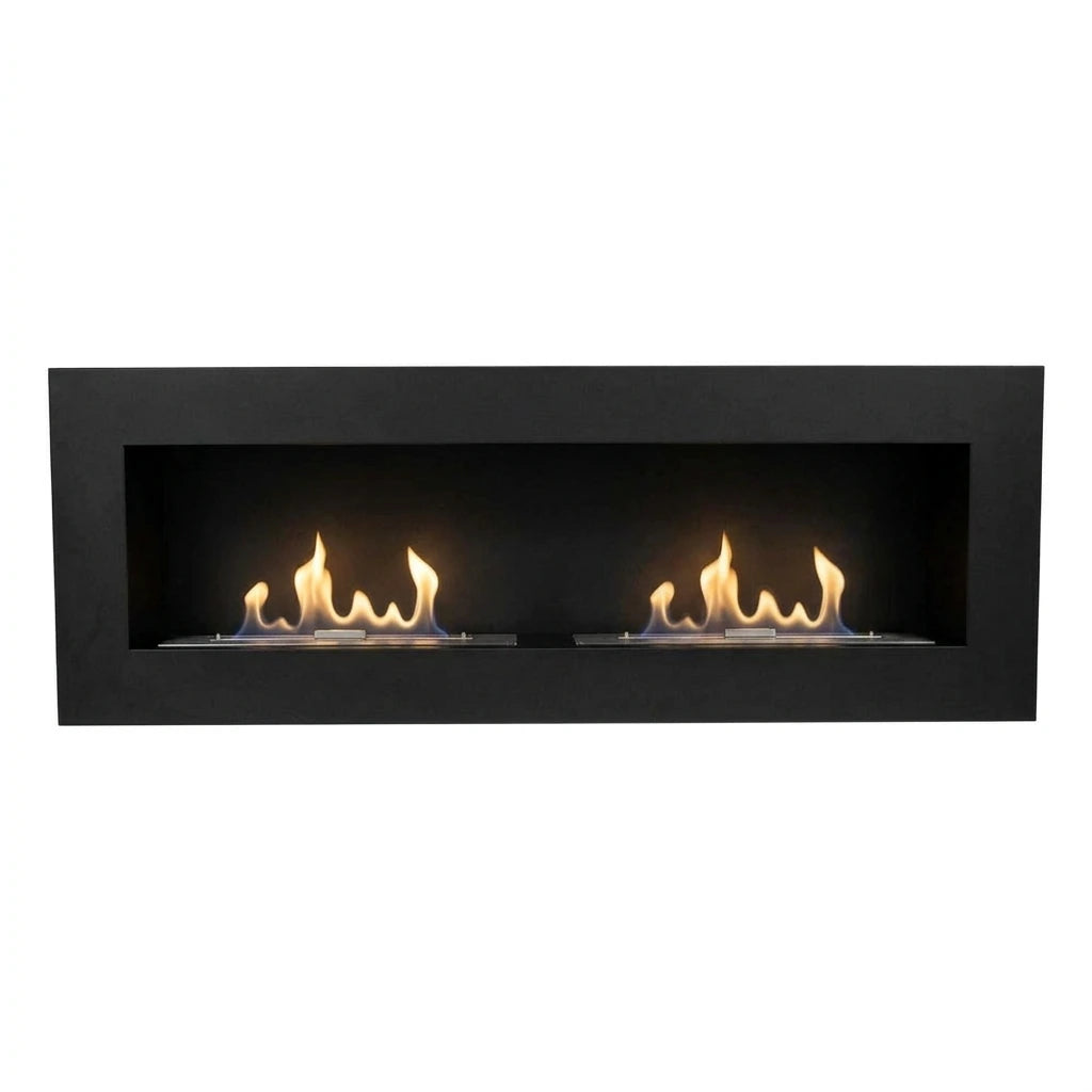 Murus 1600 black bio fireplace, front view on white background, lit with a realistic flame