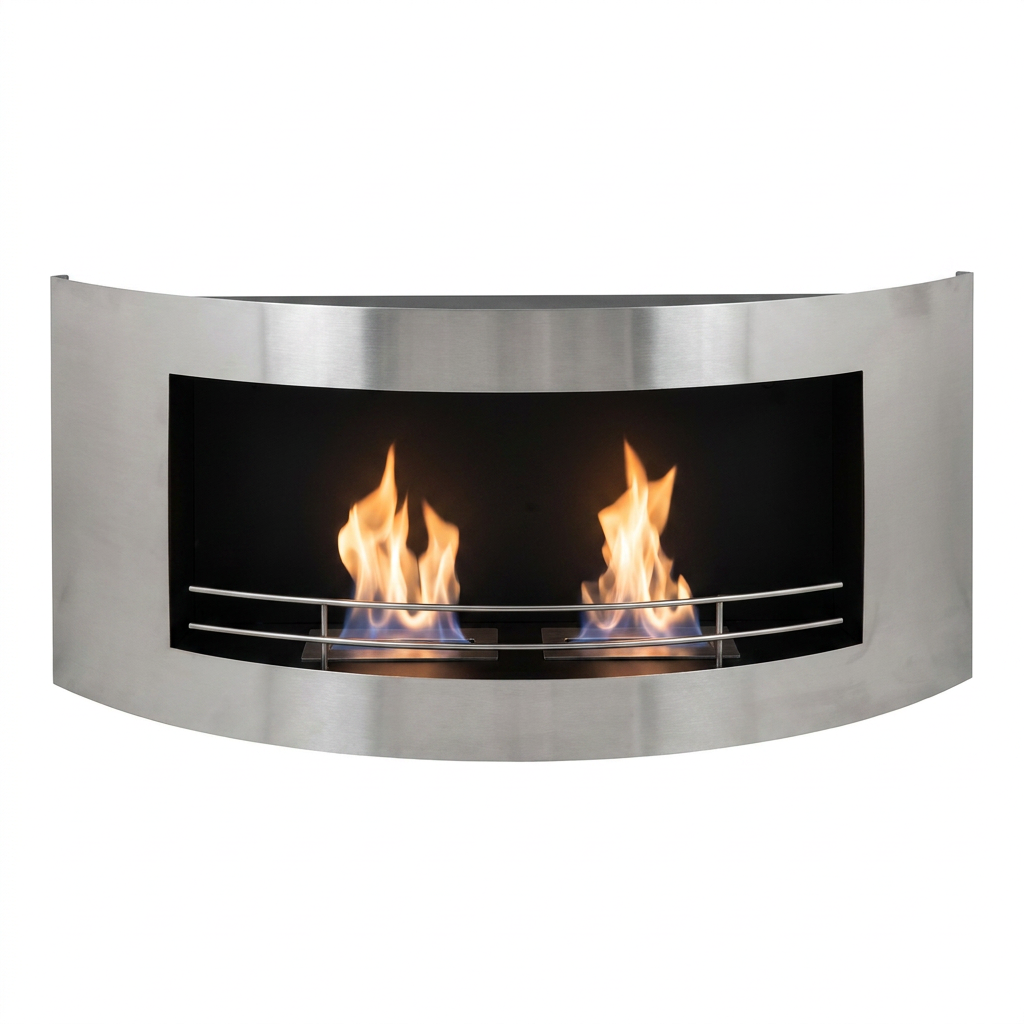 Curved stainless steel wall-mounted bioethanol fireplace with two lit burners, front view