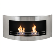 Curved stainless steel wall-mounted bioethanol fireplace with two lit burners, front view