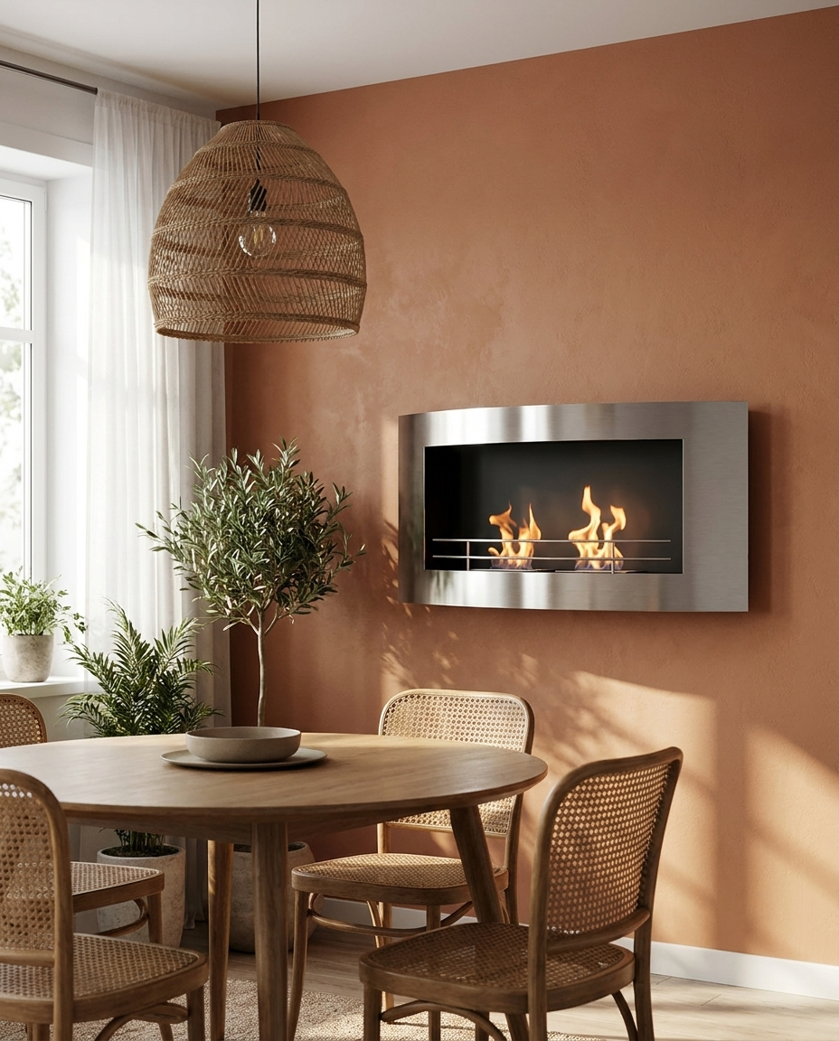 AI-generated lifestyle shot of a curved stainless steel wall-mounted bioethanol fireplace lit above a wooden dining table in a warm terracotta dining nook with rattan chairs