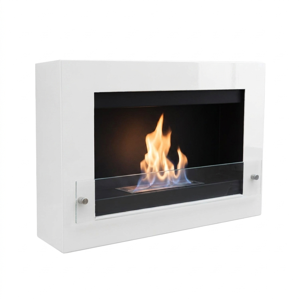 White wall-mounted bioethanol fireplace with a lit flame behind the glass panel, angled view