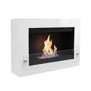 White wall-mounted bioethanol fireplace with a lit flame behind the glass panel, angled view