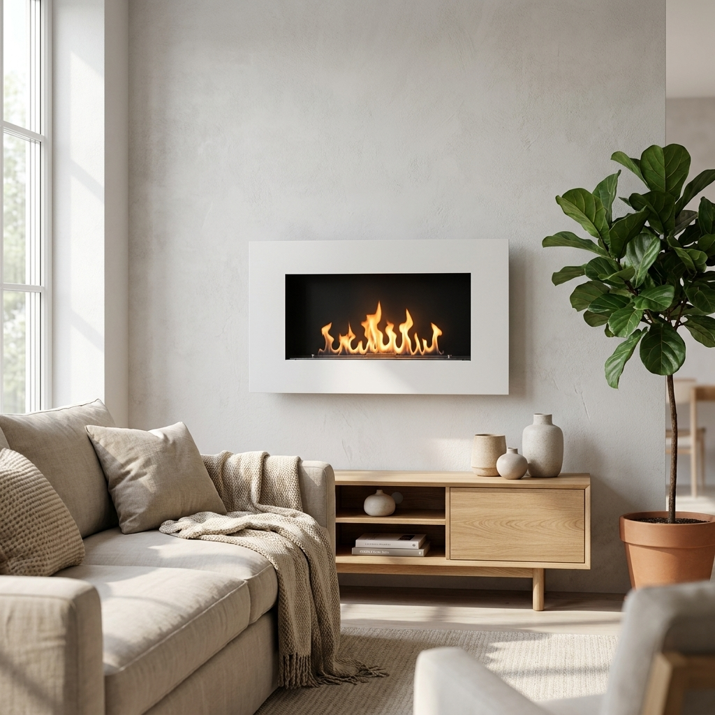 Murus 800 matte white bio fireplace mounted in a bright modern living room, lit flame