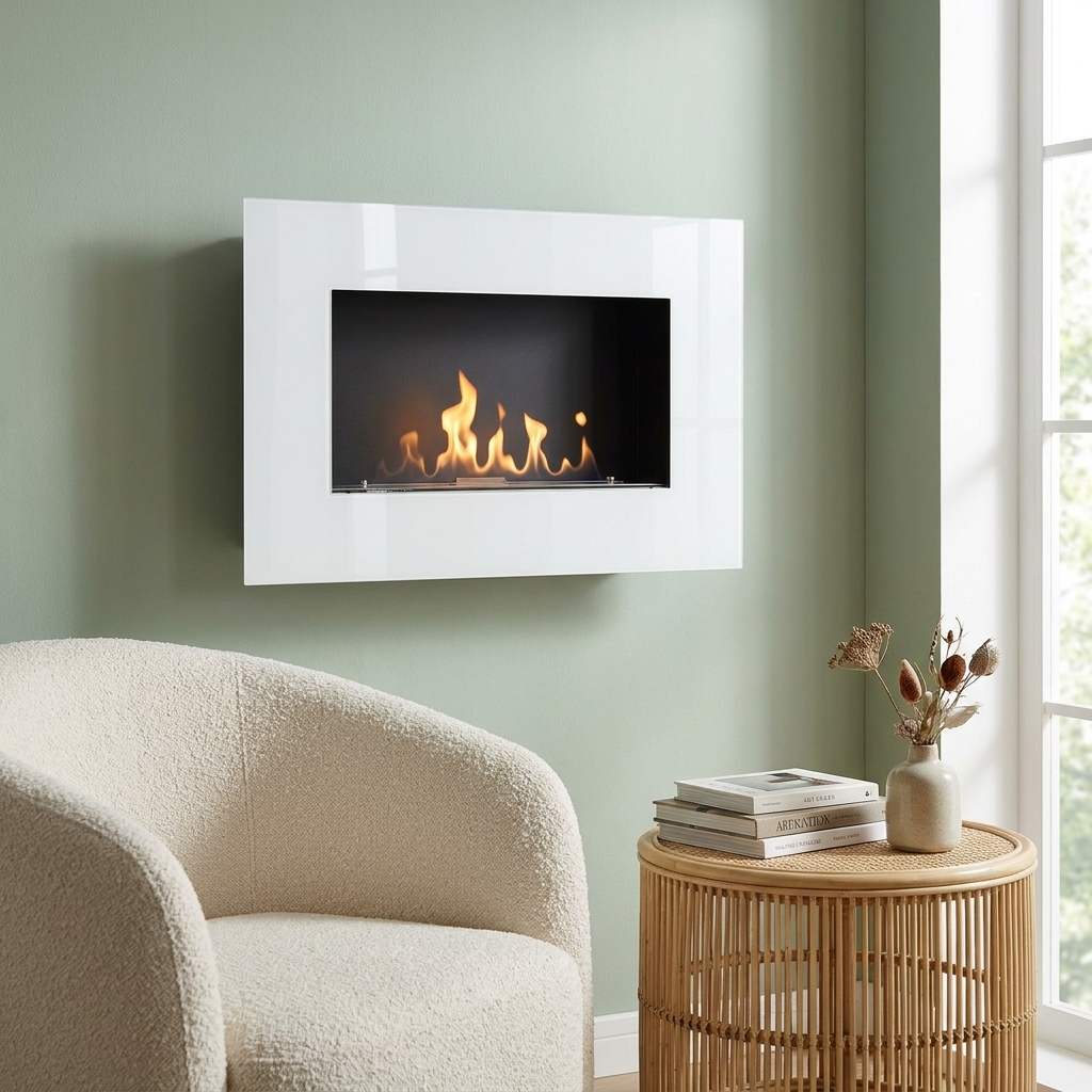 Murus 800 glossy white bio fireplace mounted on a sage green wall in a bright living room, lit flame