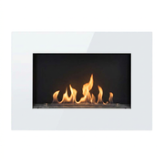 Murus 800 glossy white wall-mounted bio fireplace, front view with lit flame on white background