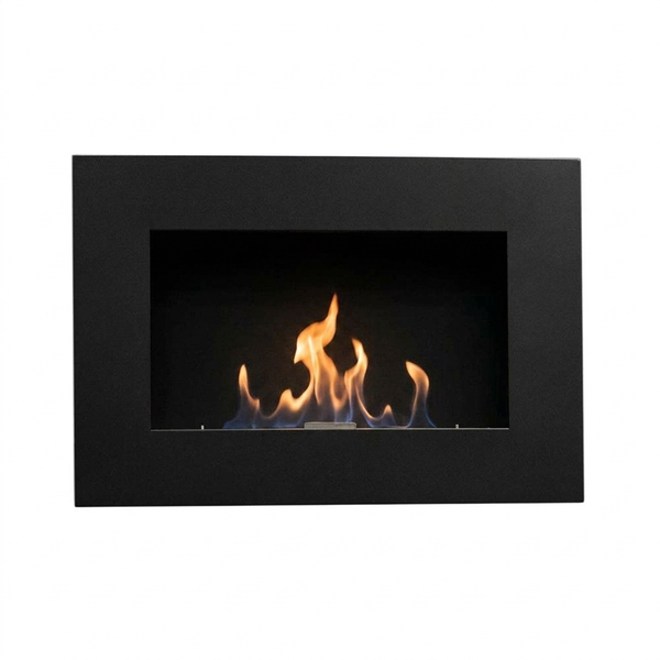 Murus 800 black wall-mounted bio fireplace, front view with lit flame on white background