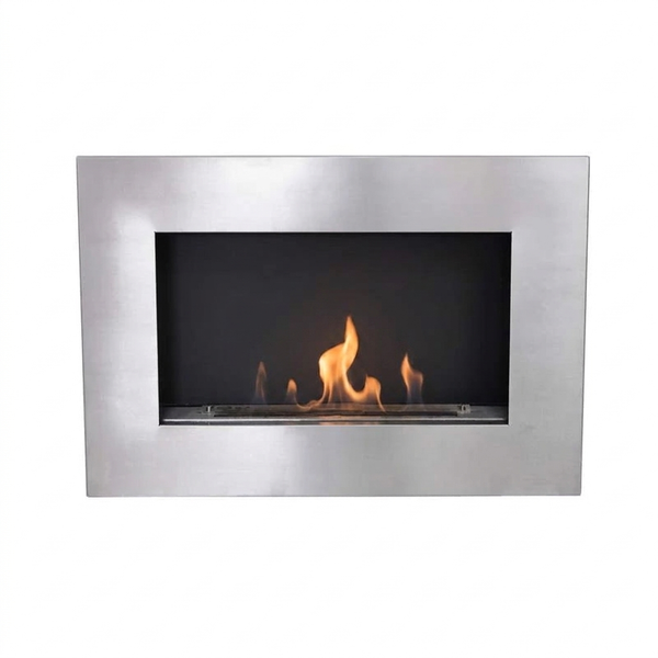 Murus 800 brushed steel wall-mounted bio fireplace, front view with lit flame on white background