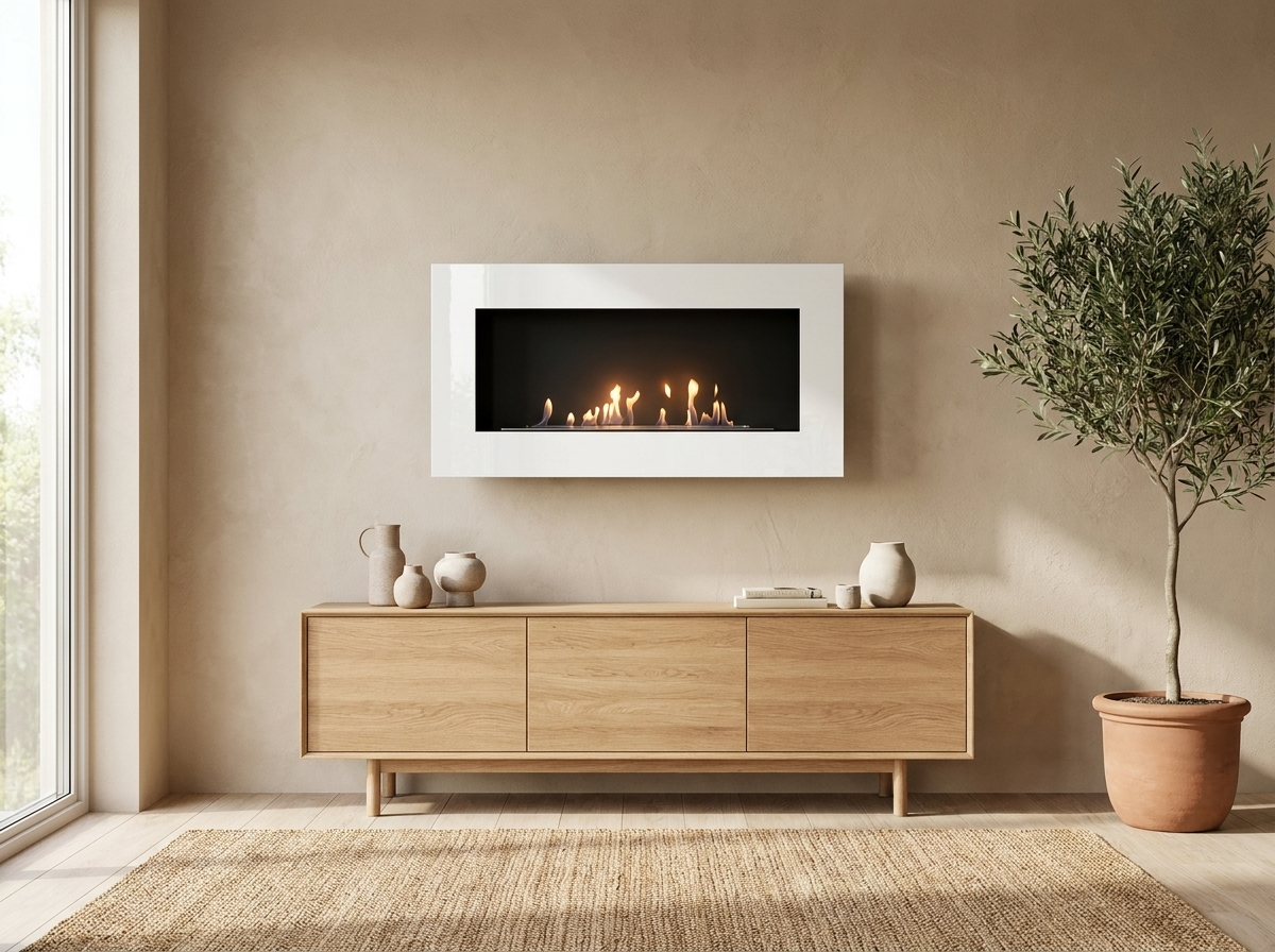 Murus 1200 glossy white bio fireplace mounted on a beige plastered wall above a wooden sideboard, lit flame