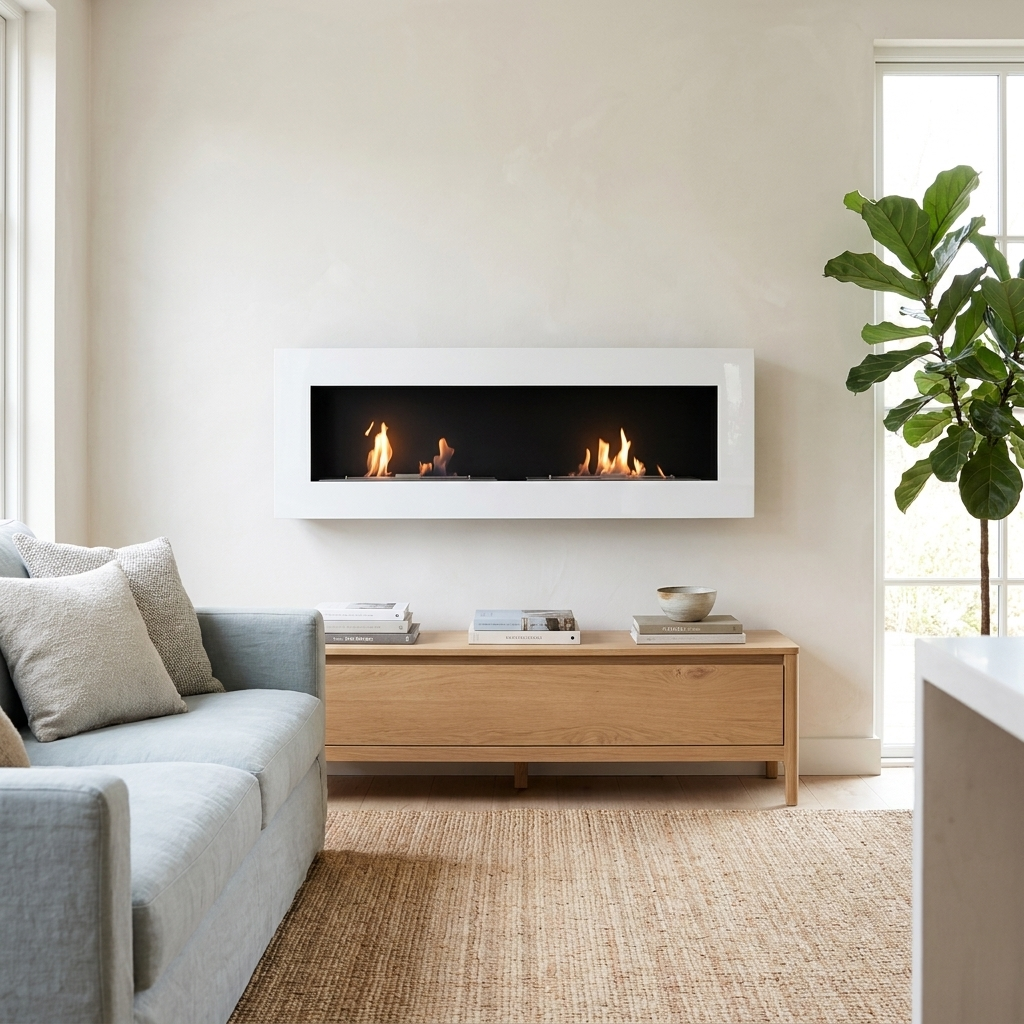 Murus 1600 glossy white bio fireplace mounted on a warm-white wall above a light oak console, lit flame