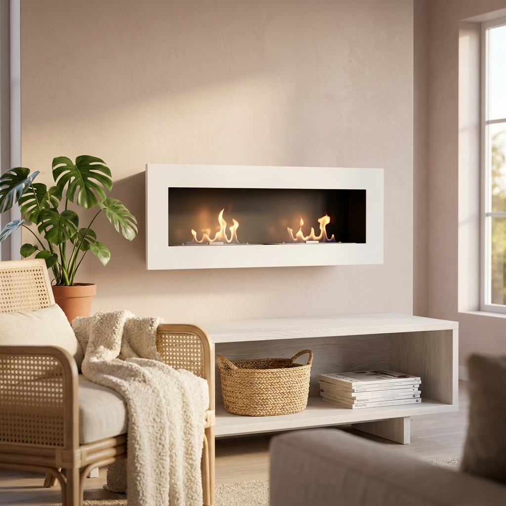Murus 1600 matte white bio fireplace mounted on a blush-beige wall above a whitewashed oak console, lit flame