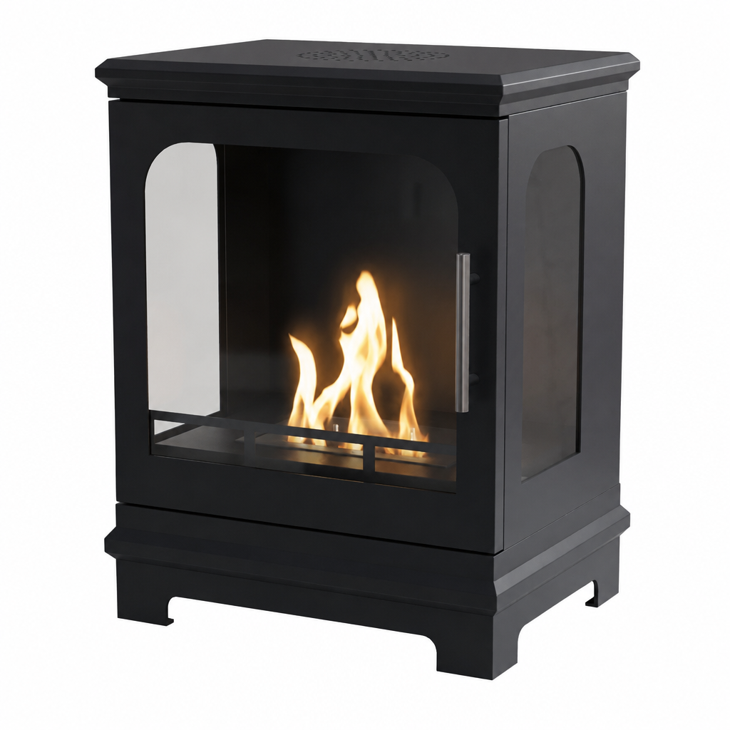 ScandiFlames Honolulu black bioethanol stove with lit flame, angled studio view