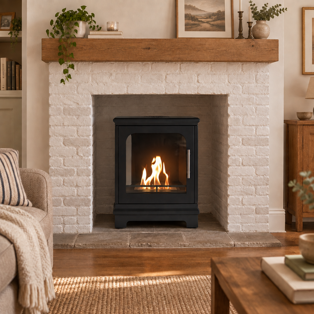 ScandiFlames Honolulu black bioethanol stove installed in an old whitewashed brick fireplace opening with a wood mantel