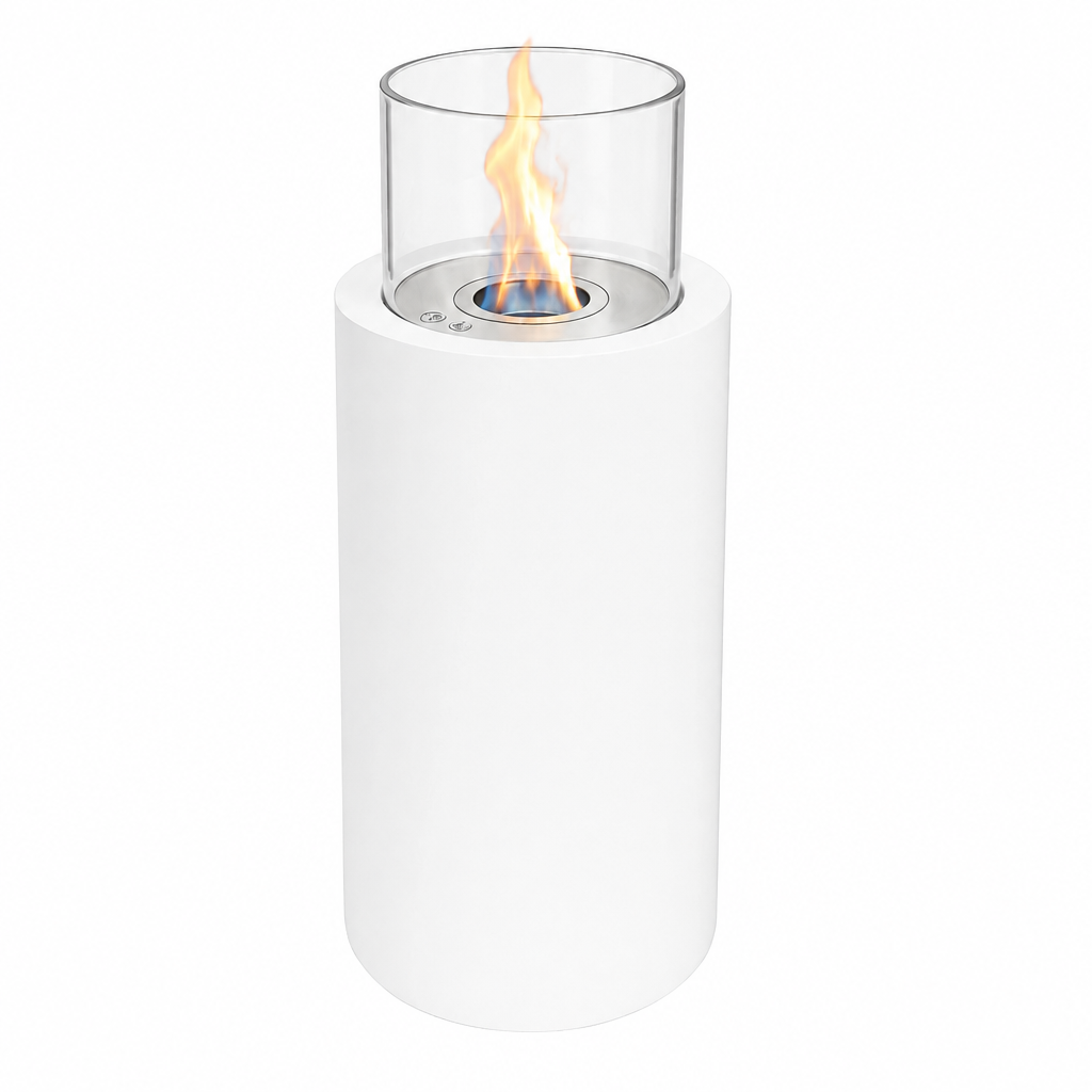 ScandiFlames Dualis White bioethanol fireplace studio hero shot with a realistic lit ethanol flame on a white background