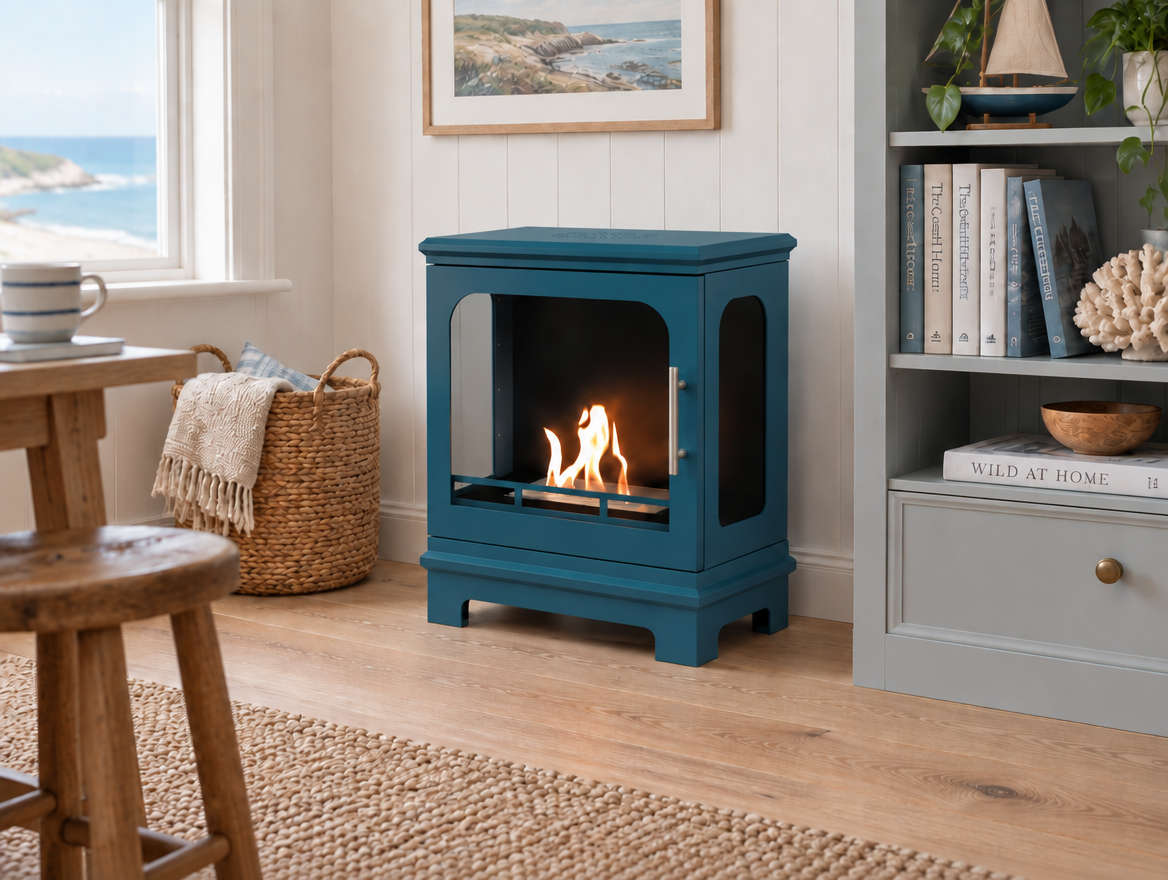ScandiFlames Honolulu blue bioethanol stove in a coastal-style study nook with bookshelves