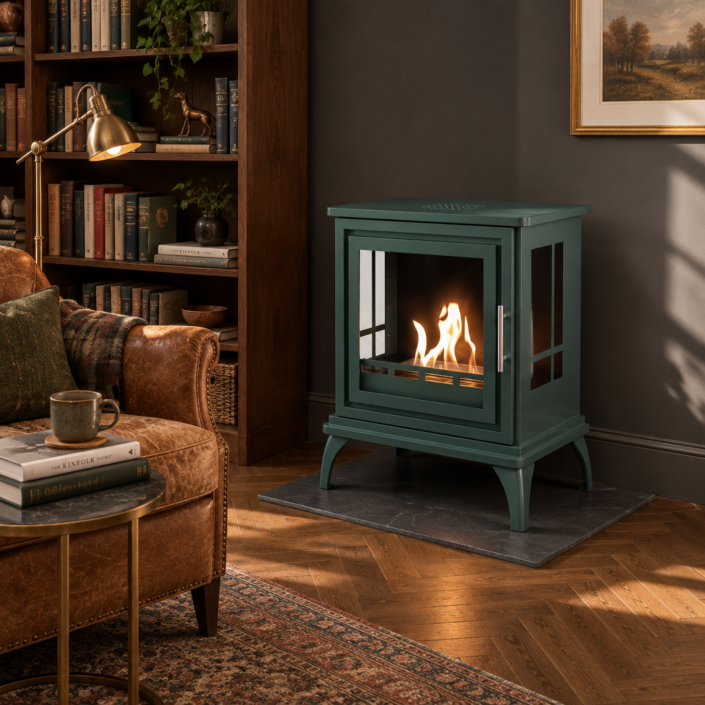 Nashville Black Green bioethanol stove standing freely in the corner of a cozy study with a walnut bookshelf and leather armchair