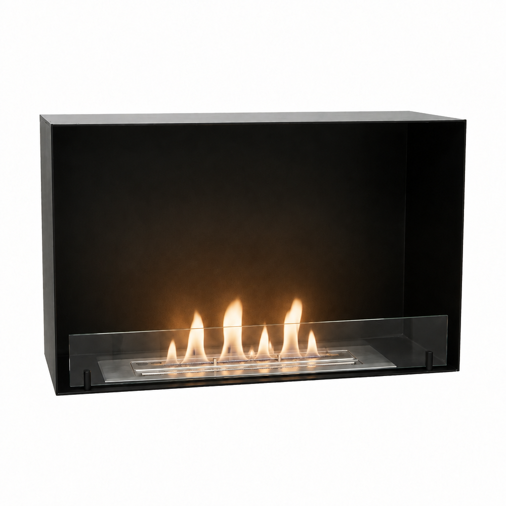 Foco One 800 Medium one-sided built-in bioethanol fireplace with a lit realistic flame, white background studio shot