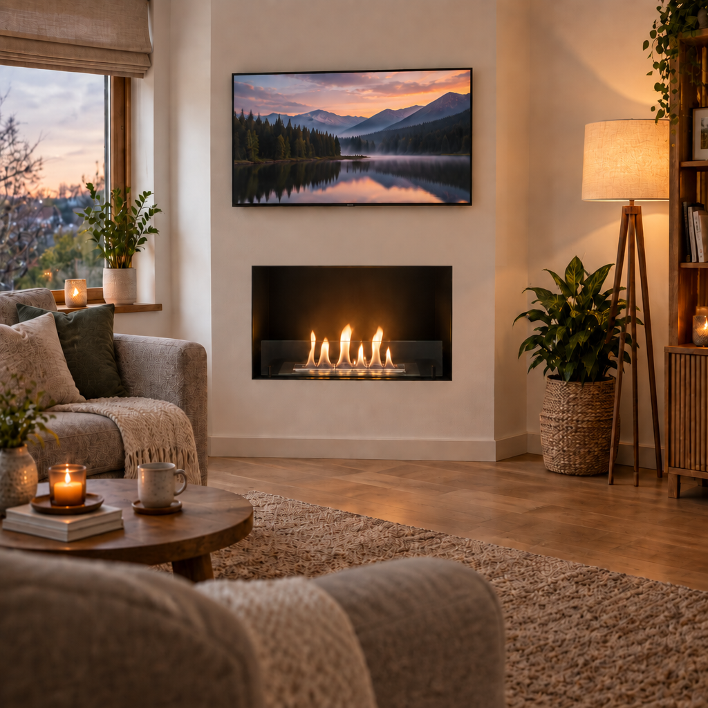 Foco One 800 Medium built into a plastered living room wall below a wall-mounted TV, realistic lit ethanol flame