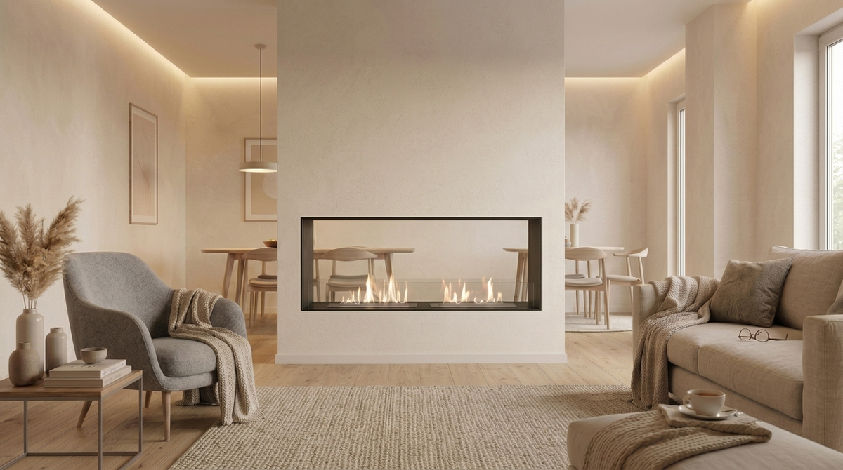 Foco Two 1400 Double bioethanol fireplace built into a partition wall in a Scandinavian-style open-plan living space with a lit flame