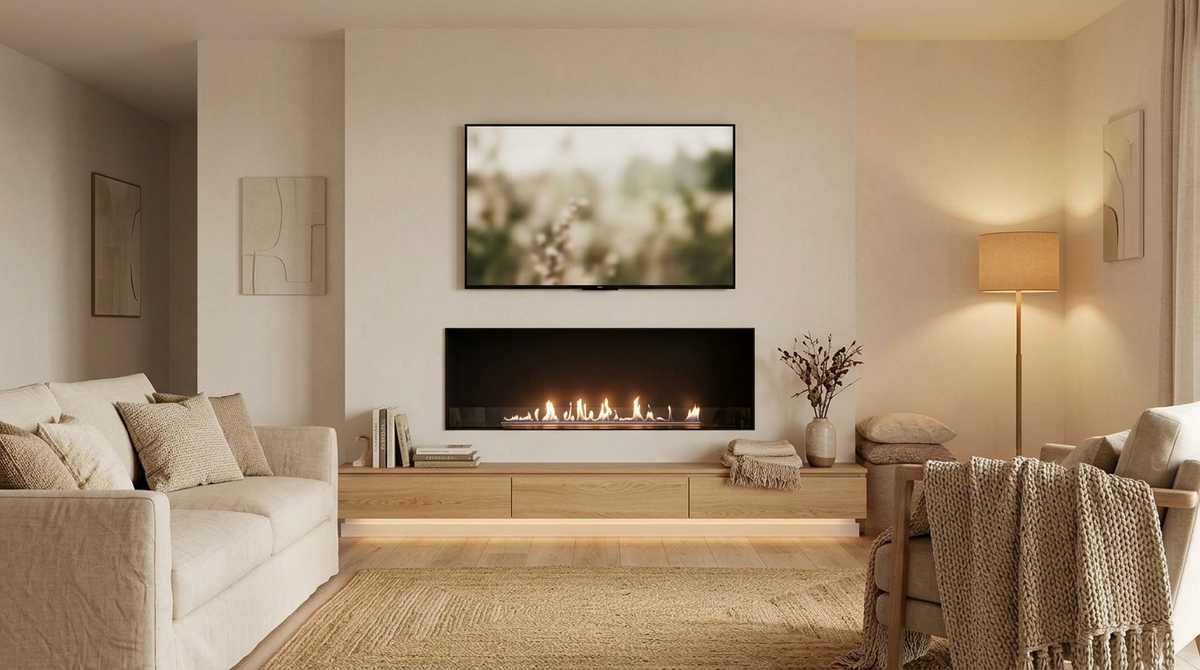 Foco One 1500 bioethanol fireplace installed beneath a TV in a Scandinavian-style living room with a lit flame