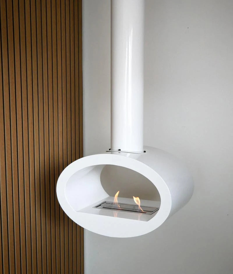 Toronto Bianco - biocamino da soffitto con vista su 2 lati