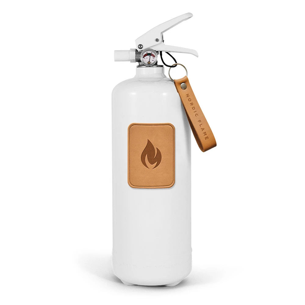 Estintore bianco da 2 kg con logo in pelle chiara