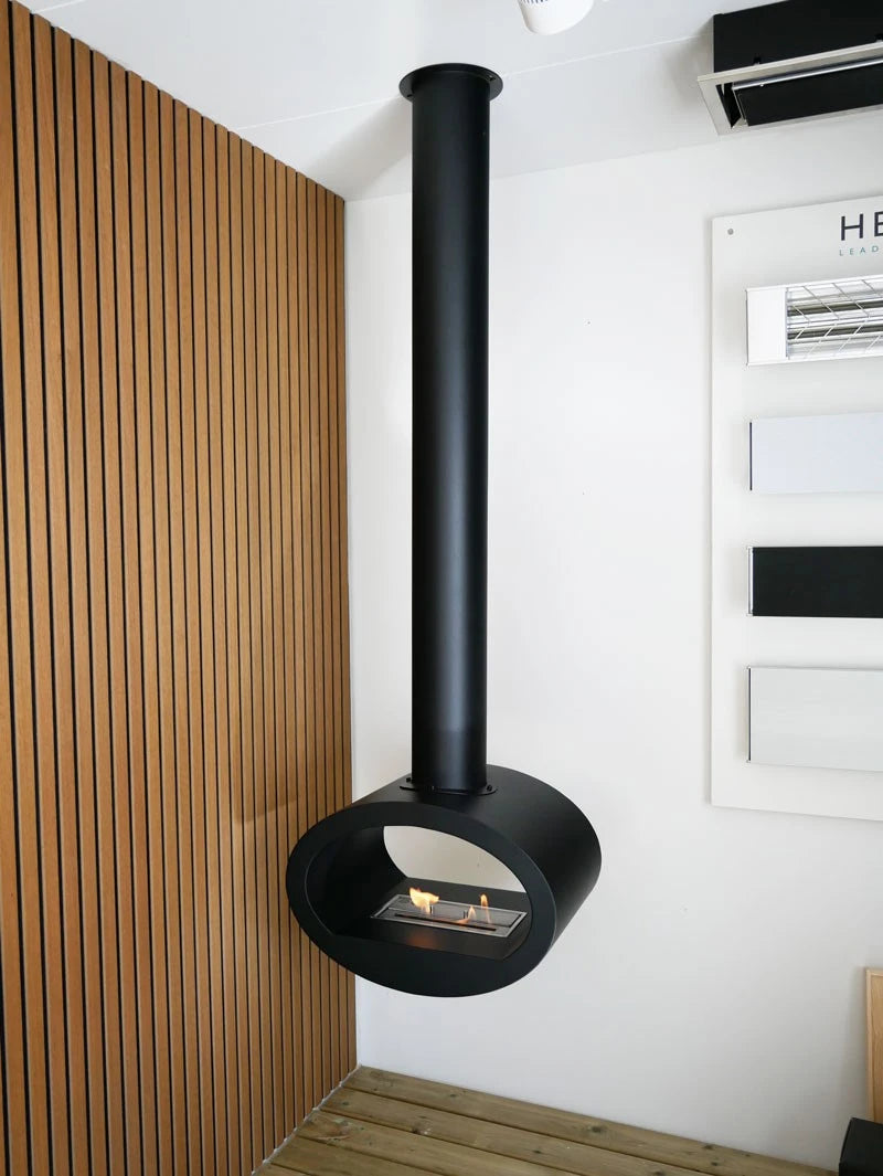 Toronto Nero - biocamino da soffitto con vista su 2 lati