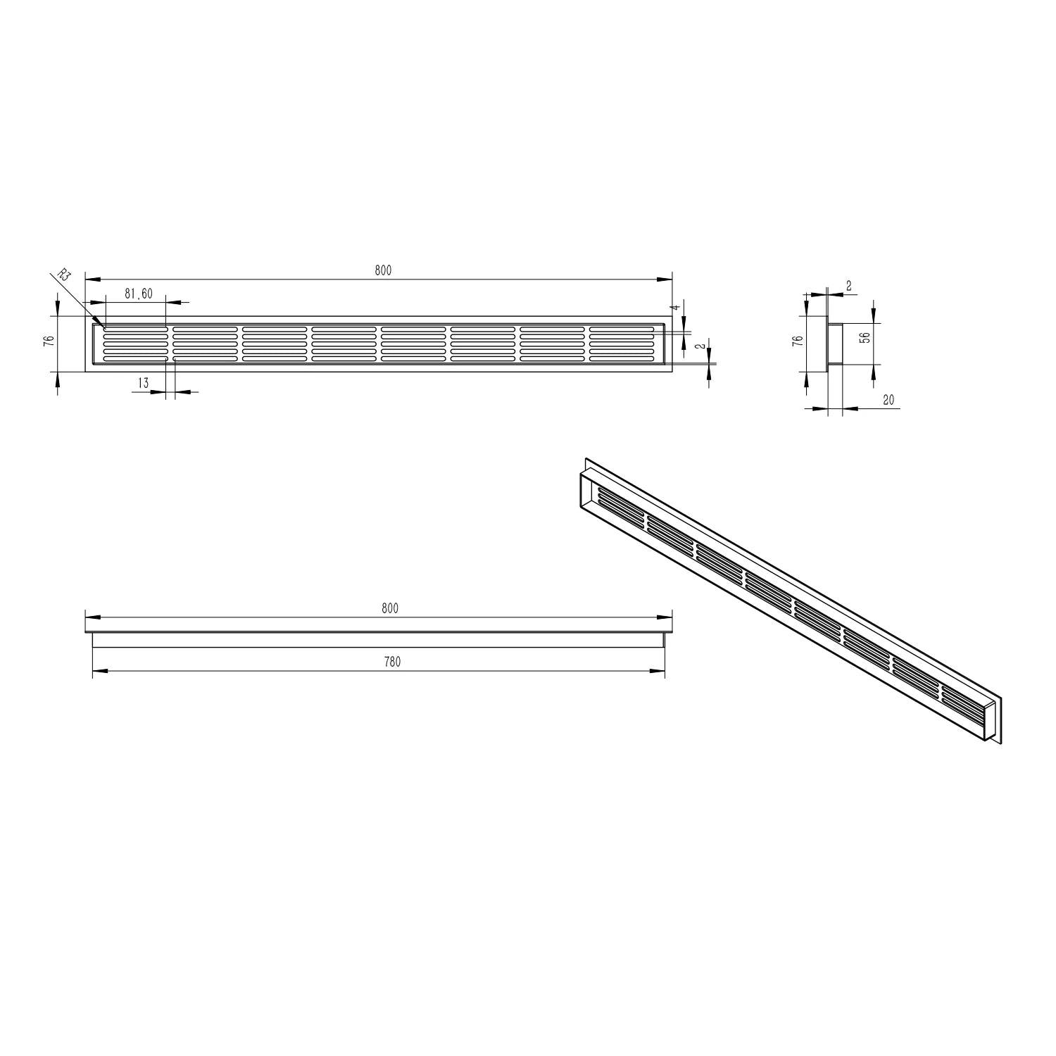 Griglia di ventilazione nera - 80x7,6 cm - 210 cm²