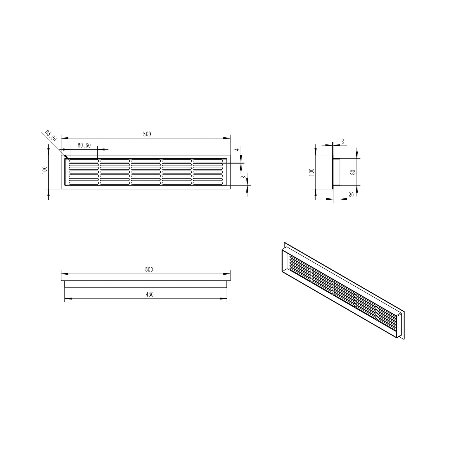 Griglia di ventilazione nera - 50x10 cm - 214 cm²